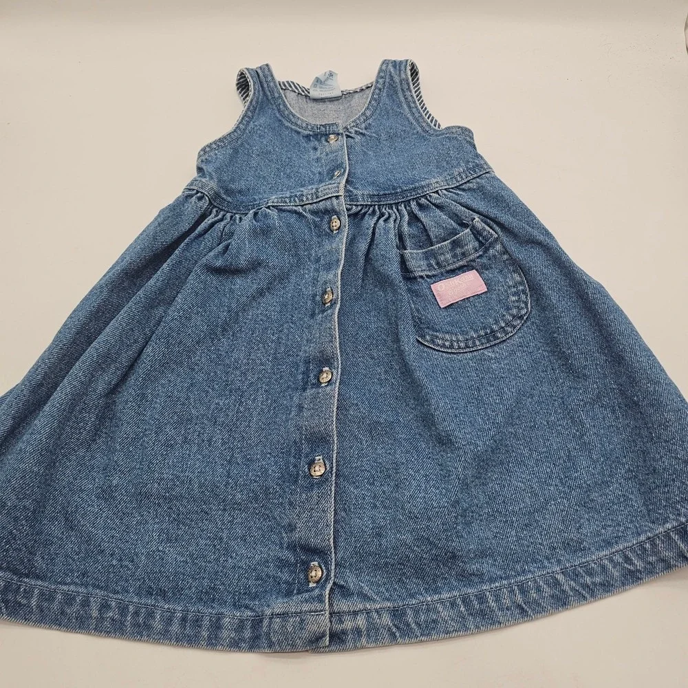 Vintage Oshkosh B'Gosh Vintage Girl's 4T Blue Denim Sleeveless Dress Made In USA